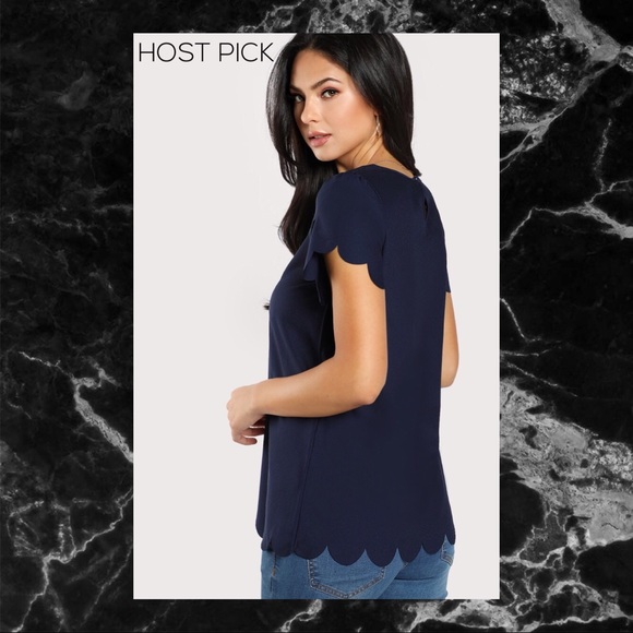 Tops - NAVY TULIP SLEEVE SCALLOP TRIM KEYHOLE TOP SZ M